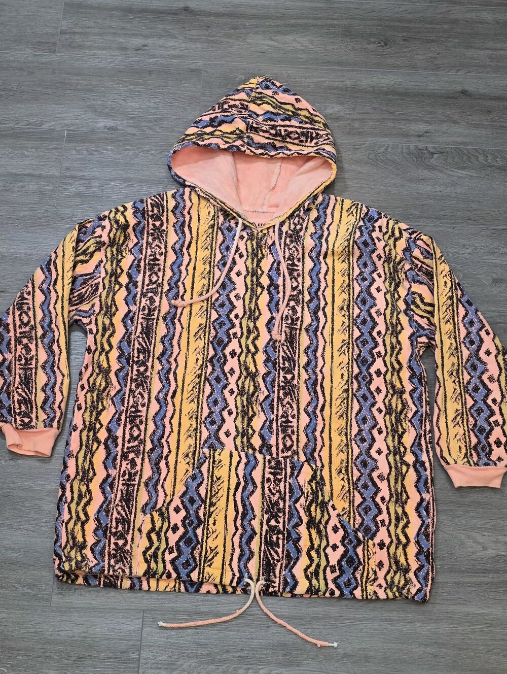 Vintage Jacket One Size Regatta Blue 100% Cotton Aztec Style Pullover Hoodie